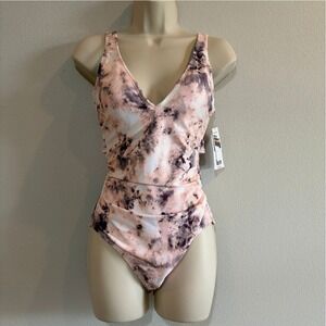 Time & Tru Ribbed Tie Dye Plunge One Piece Swimsuit Cheeky High Leg Pink NWT S